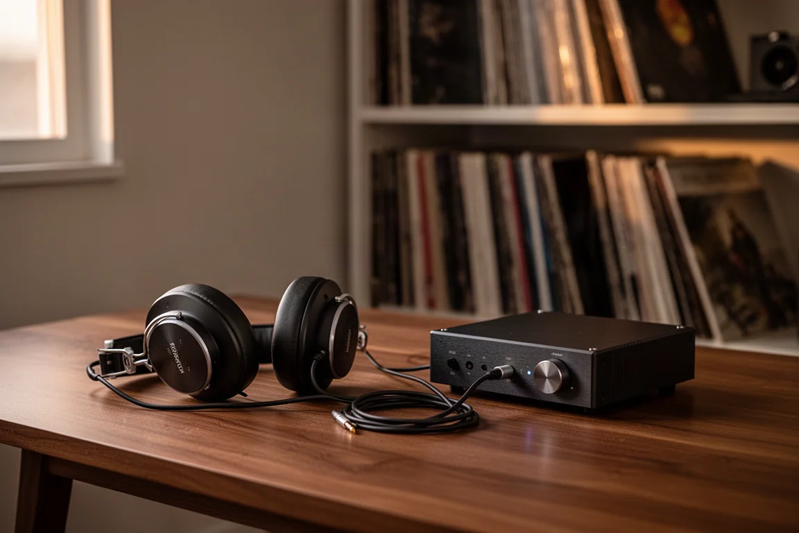 Casque posé sur un bureau à côté d'un petit amplificateur dans la lumière du soir