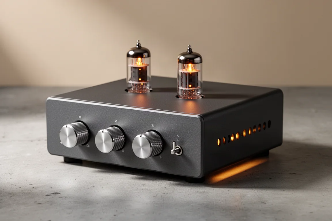 Compact aluminum tube phono preamplifier with three knurled knobs and glowing tubes on a concrete surface