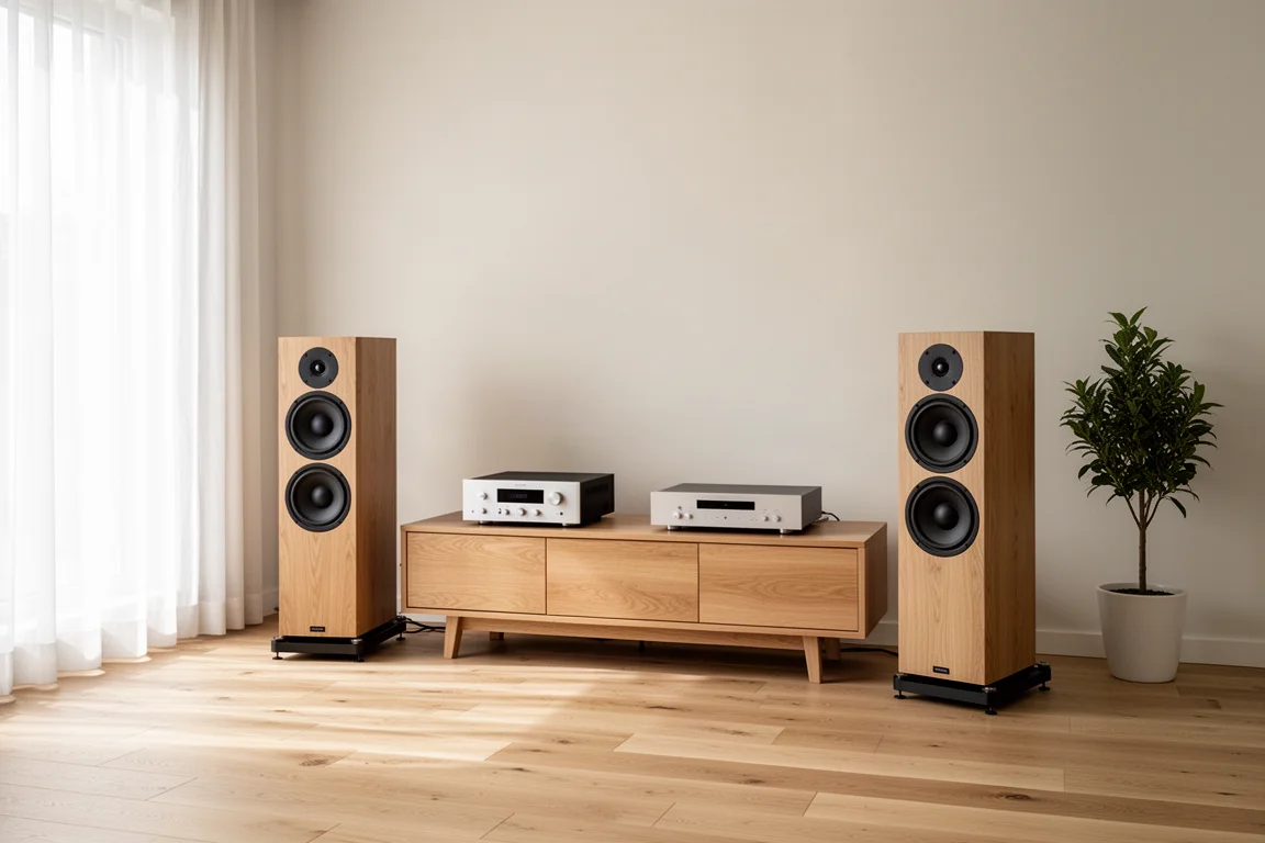 Minimalistyczny pokój hi-fi z dwiema kolumnami podłogowymi i niskim kredensem