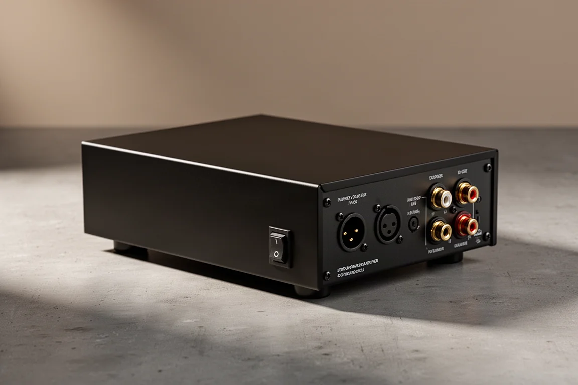 Compact black class D stereo power amplifier on a matte concrete surface