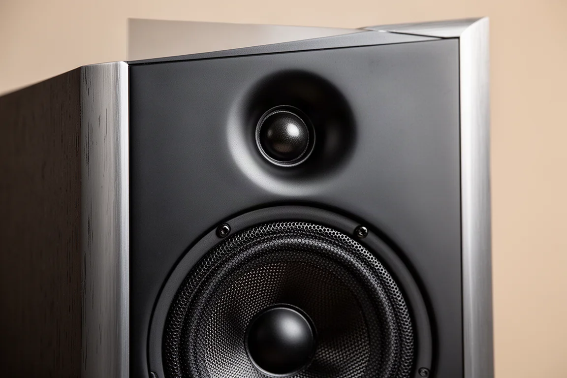 Nahaufnahme einer Lautsprecher-Schallwand mit gittergeschütztem Tiefmitteltöner und Waveguide-Hochtöner