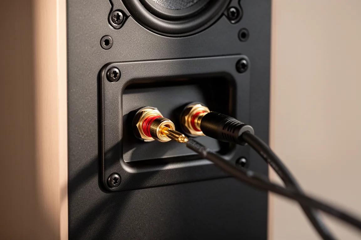 Rückseitige Lautsprecher-Klemmen mit eingestecktem Bananenstecker und weggeführtem Kabel