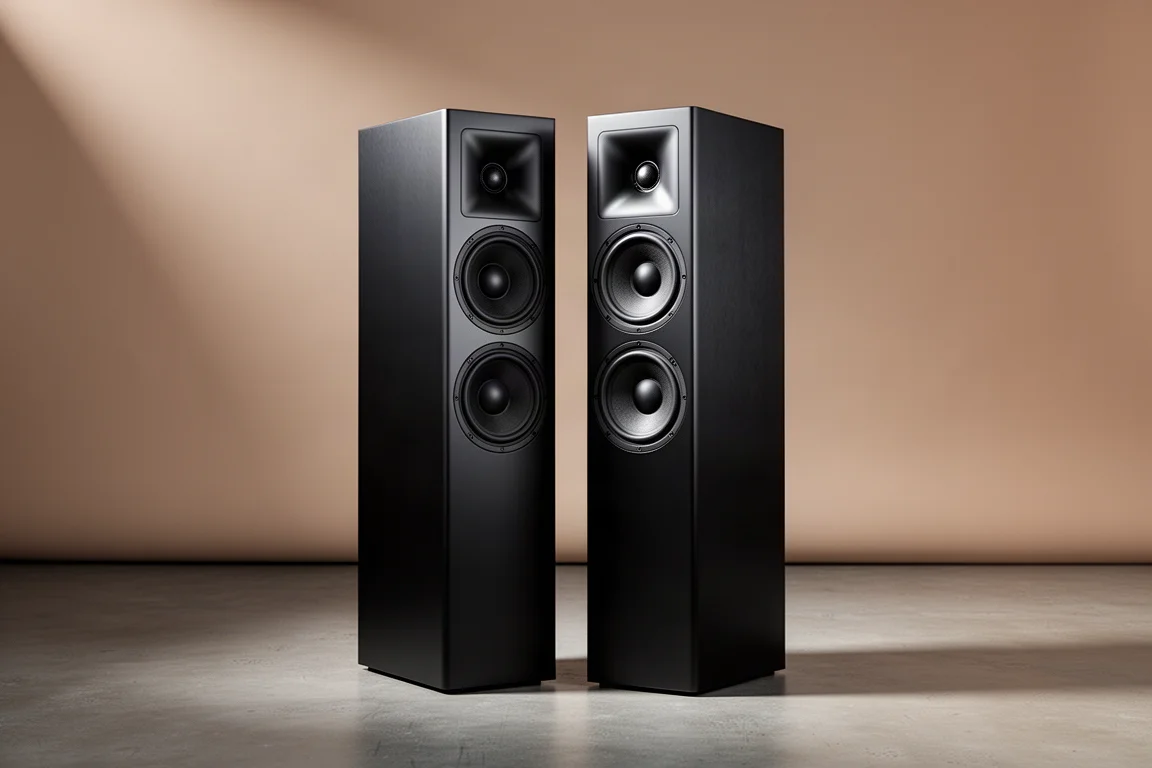Pair of slim satin black floor-standing speakers on a concrete floor against a warm grey backdrop