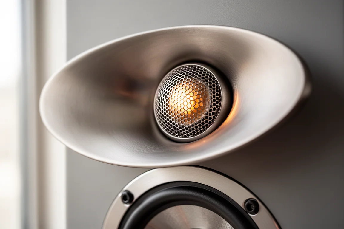 Macro-opname van een titanium dome tweeter verzonken in een brede waveguide met gaasrooster