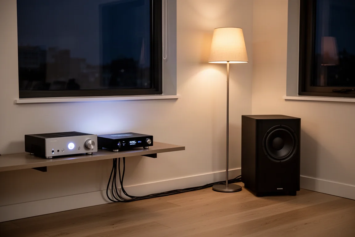 Luisterhoek in een avondappartement met compacte versterker en gesloten subwoofer in mat zwart