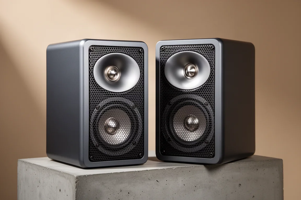 Pair of dark grey two-way bookshelf speakers on a matte concrete surface in soft studio light
