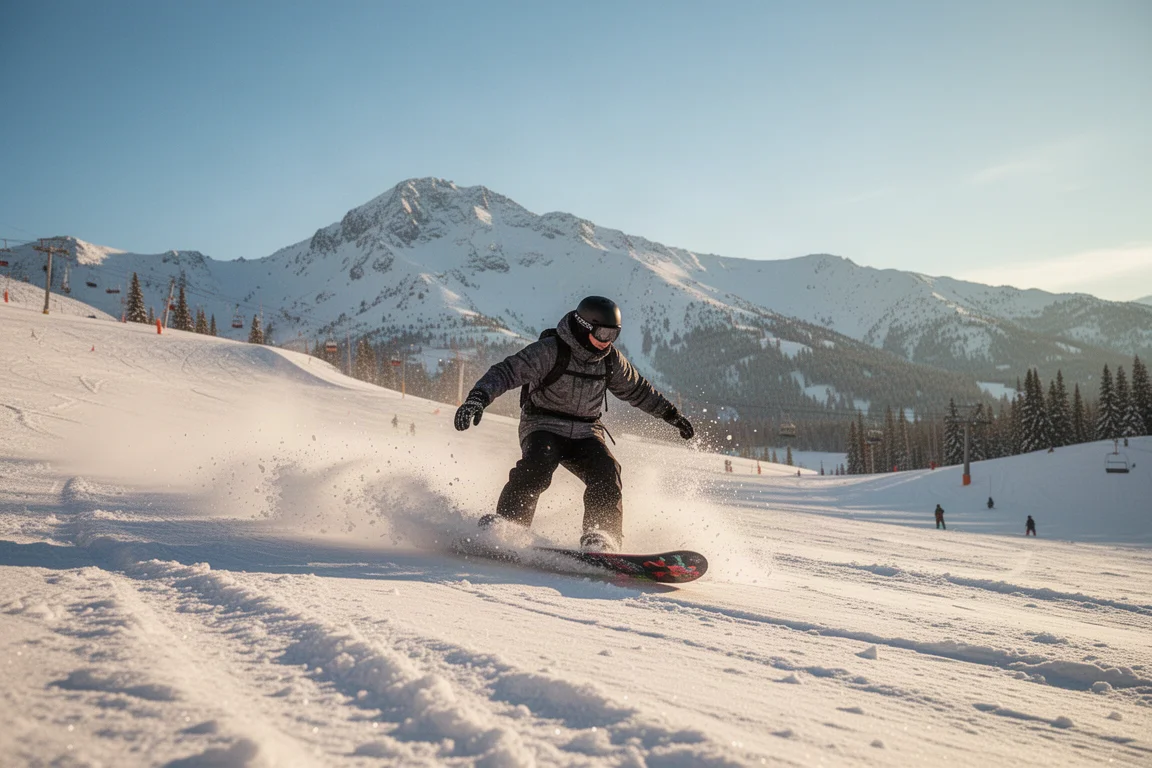 Snowboardåkare som åker vårsöl på en solig backe i en skidanläggning