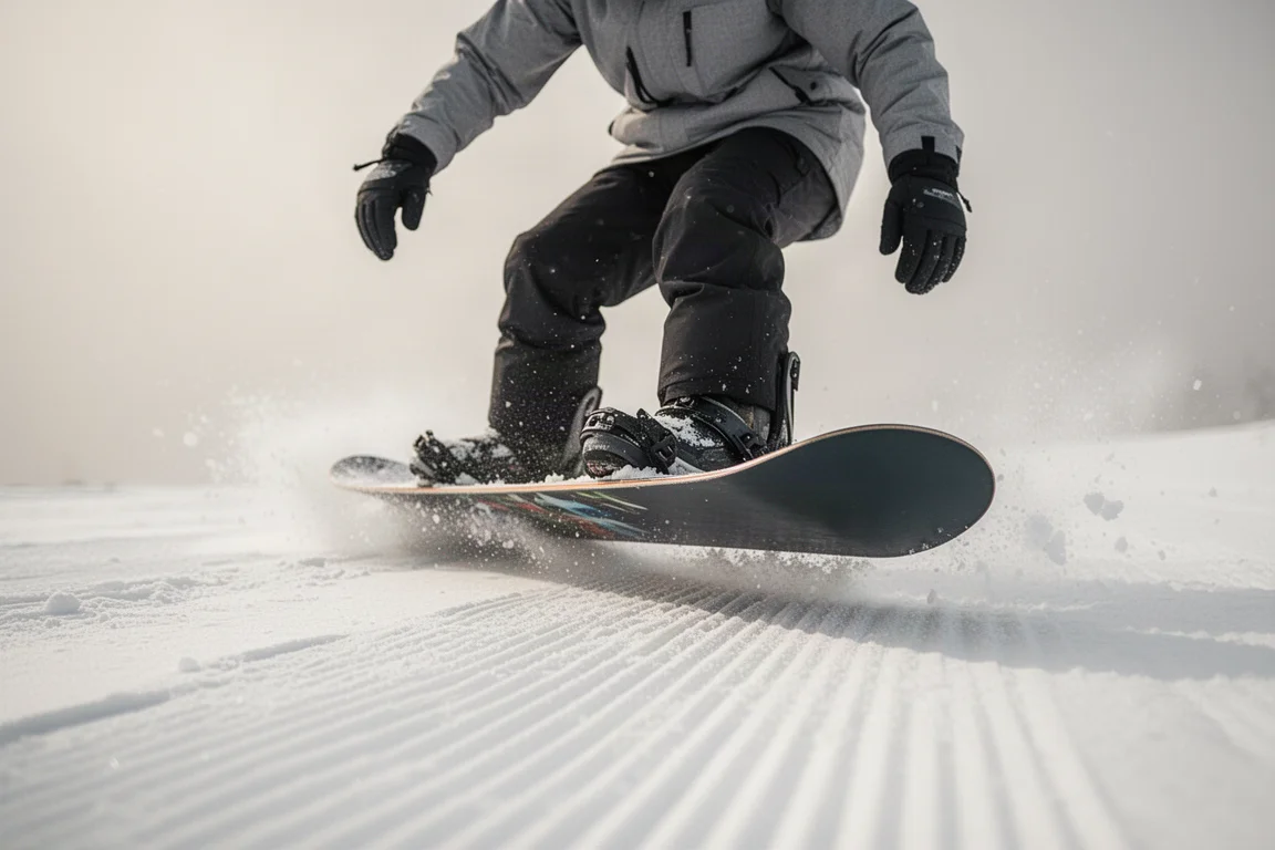 Snowboardåkare som butterar på en boards nos på preparerad snö