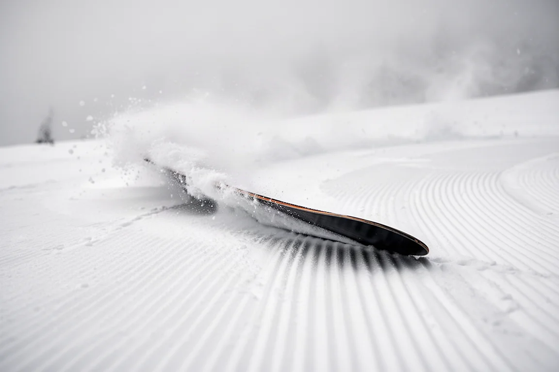 Närbild på en snowboardkant som greppar i en carvad sväng i snö