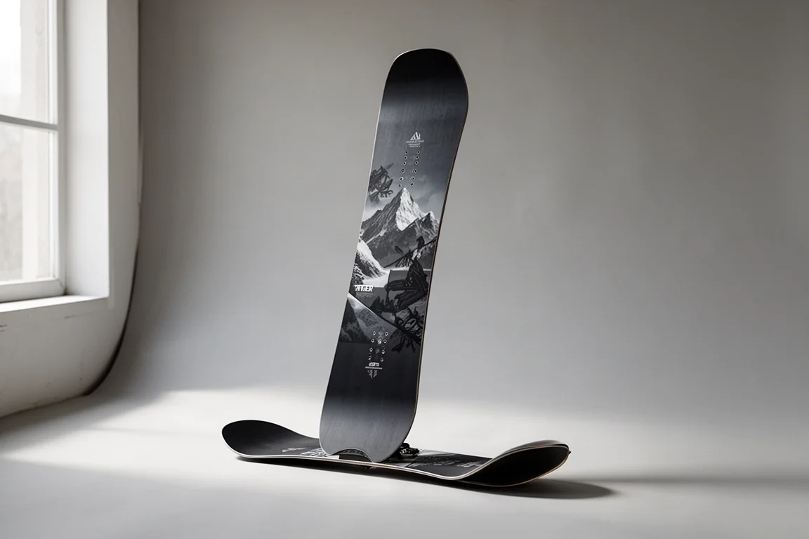 Tabla de snowboard twin-tip de pie sobre un fondo gris neutro