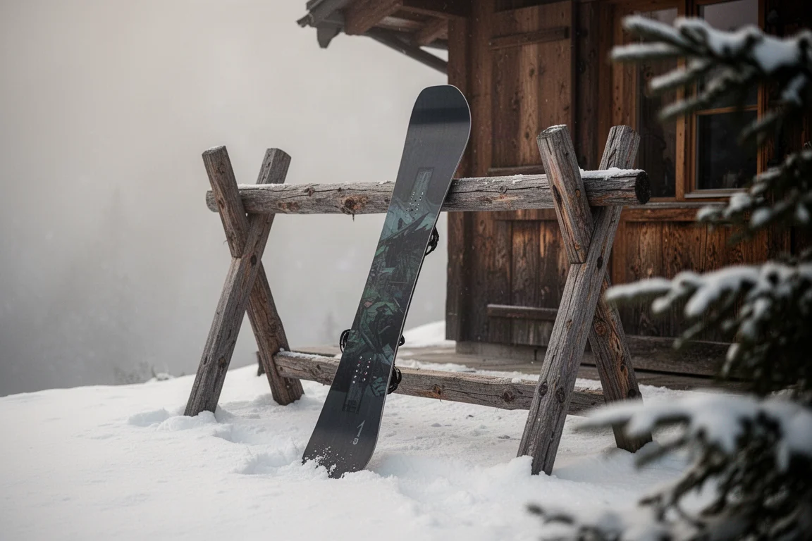 燕尾雪板靠在雪地中的木製置物架上