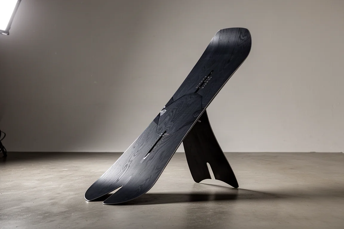 Long directional snowboard with a split swallowtail standing upright on a concrete floor