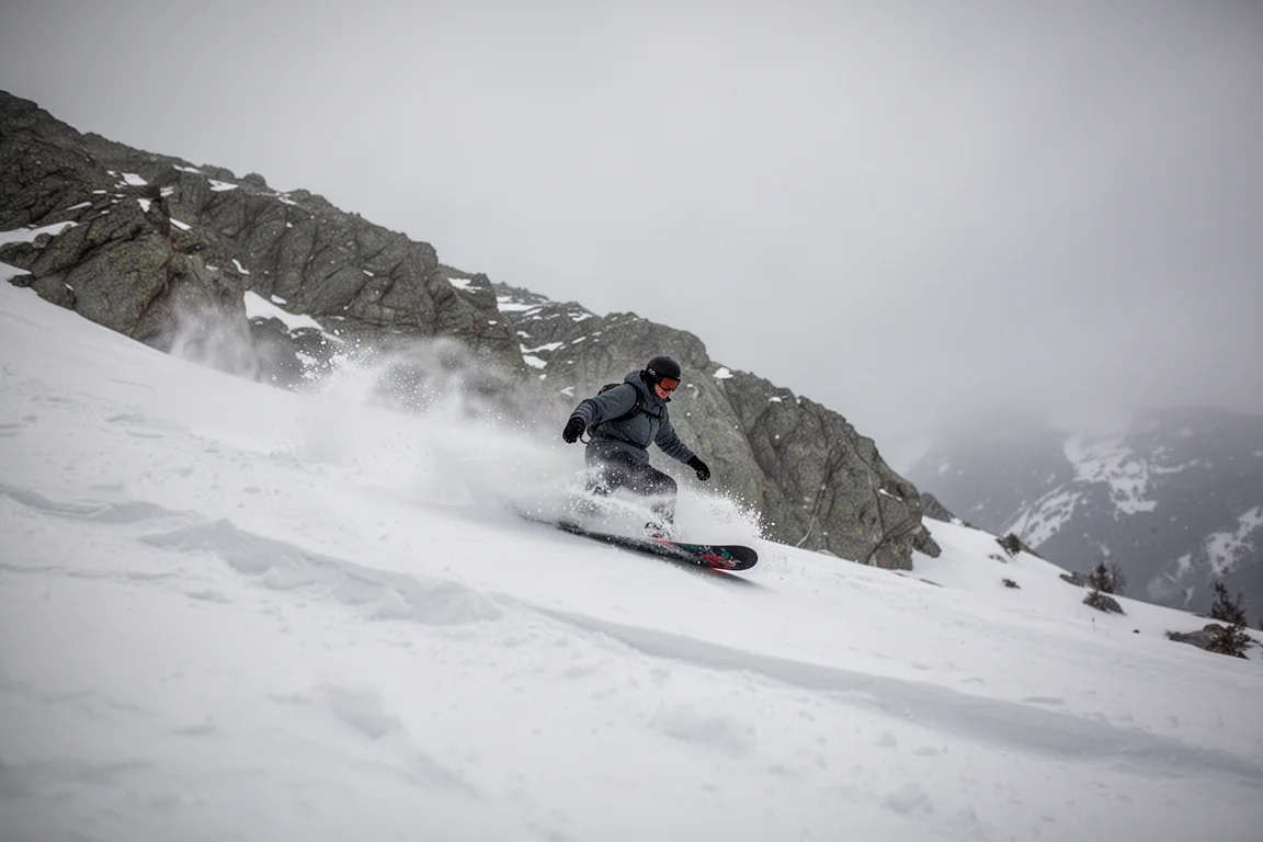 Snowboardåkare som åker genom slucket och smutsig vårsnö i slutet av dagen på en bergssluttning