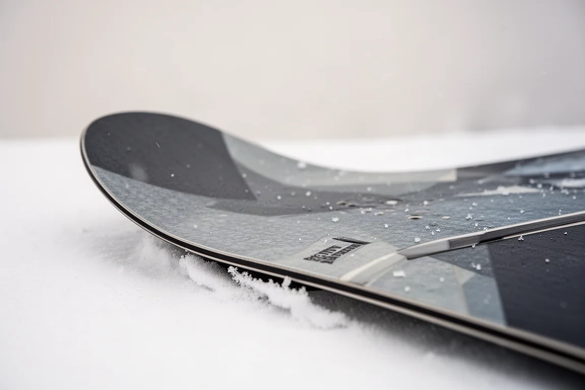 Närbild på en snowboards nos som visar rockerns uppgång och övergången till camber under foten