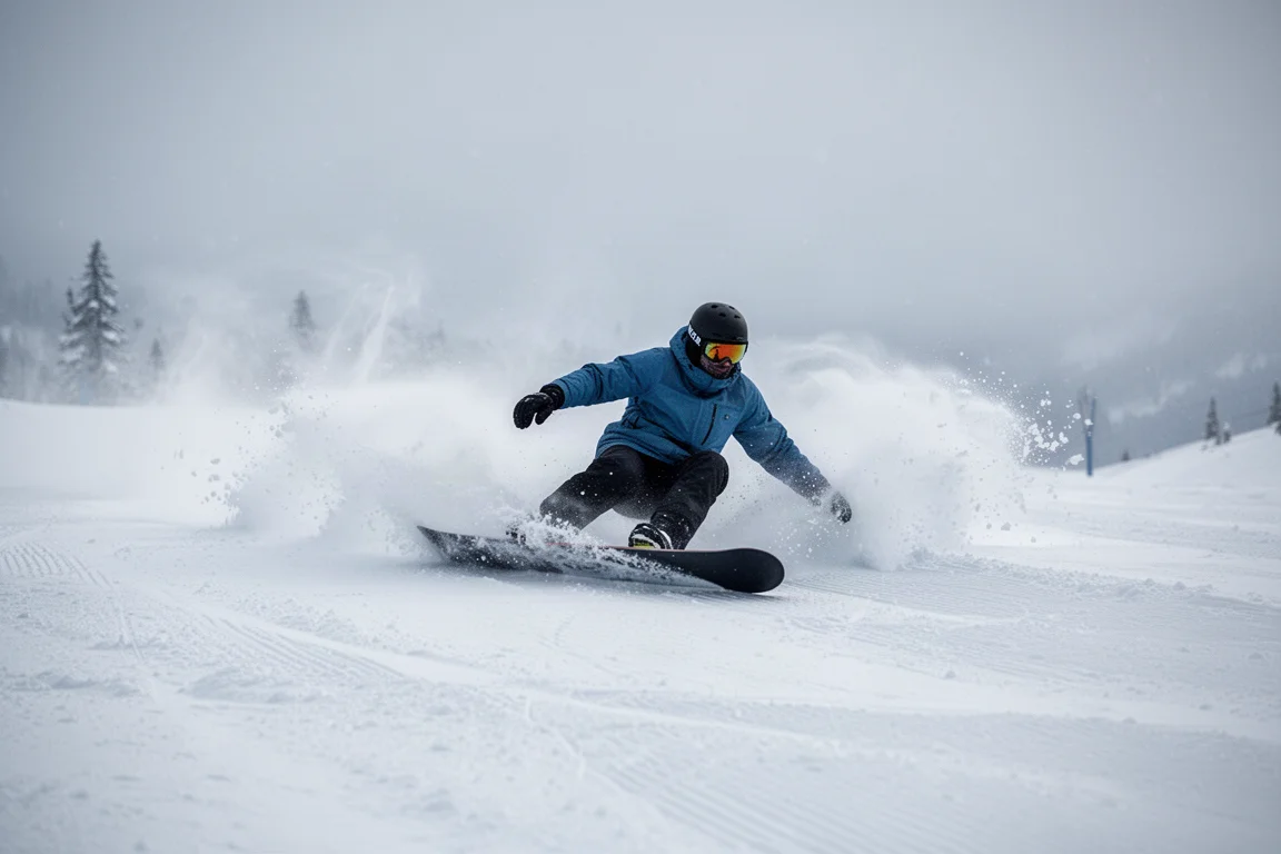 Snowboardåkare som lägger ner i en djup carve på en preparerad pist