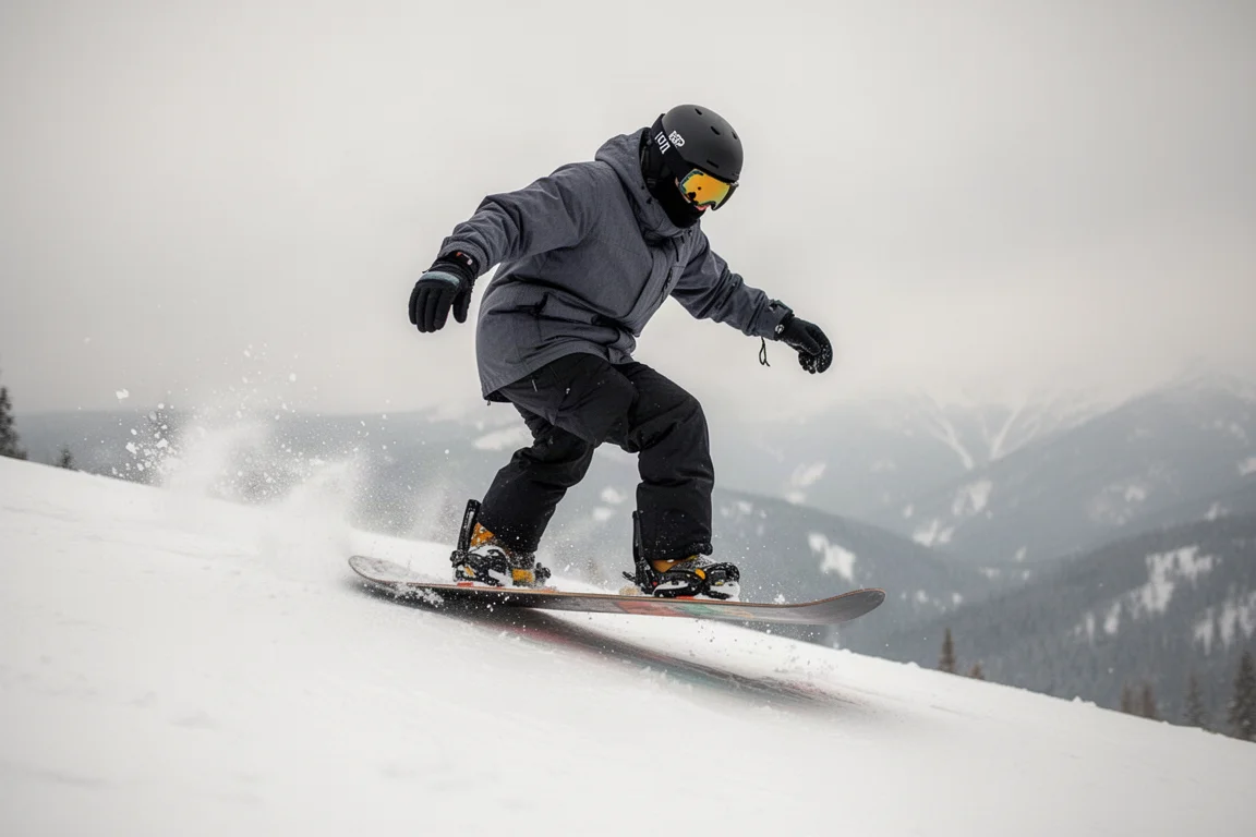 Snowboardåkare som pressar boardens nos platt mot en snötäckt sluttning