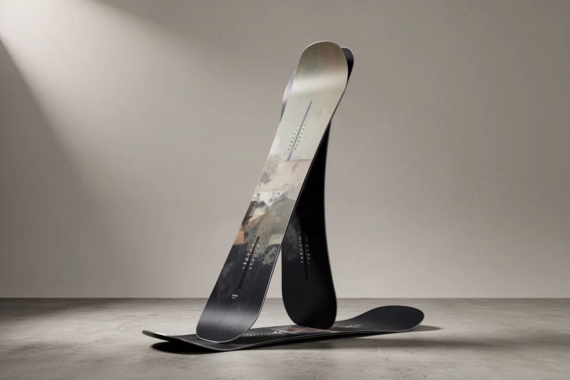 Snowboard Amplid Memory Stick in posizione verticale che mostra il rocker del nose e il profilo camber