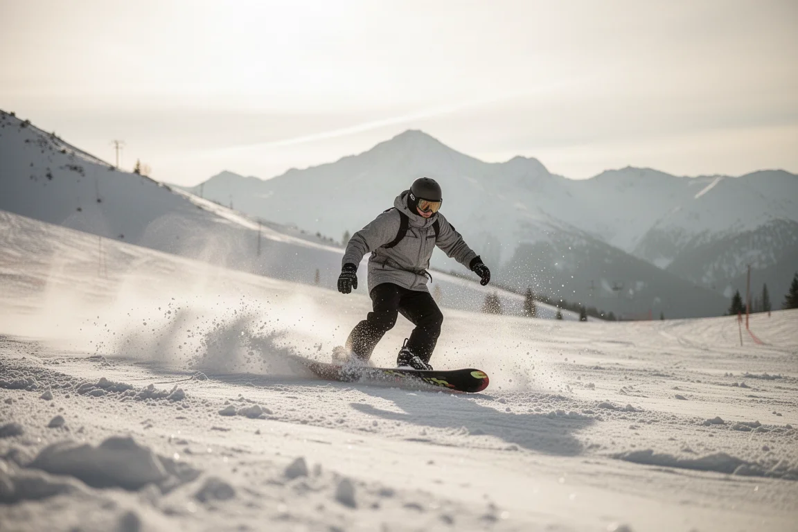 Snowboarder cruising durch weichen, matschigen Schnee an einem sonnigen Berghang