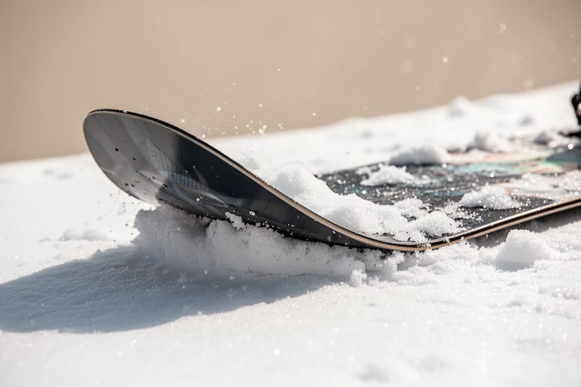 Nahaufnahme eines Snowboard-Tails, der während eines Butter-Tricks in weichen Schnee gedrückt wird