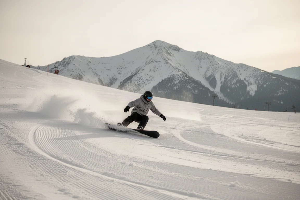 Snowboarder zieht eine tiefe Carving-Kurve an einem breiten präparierten Hang
