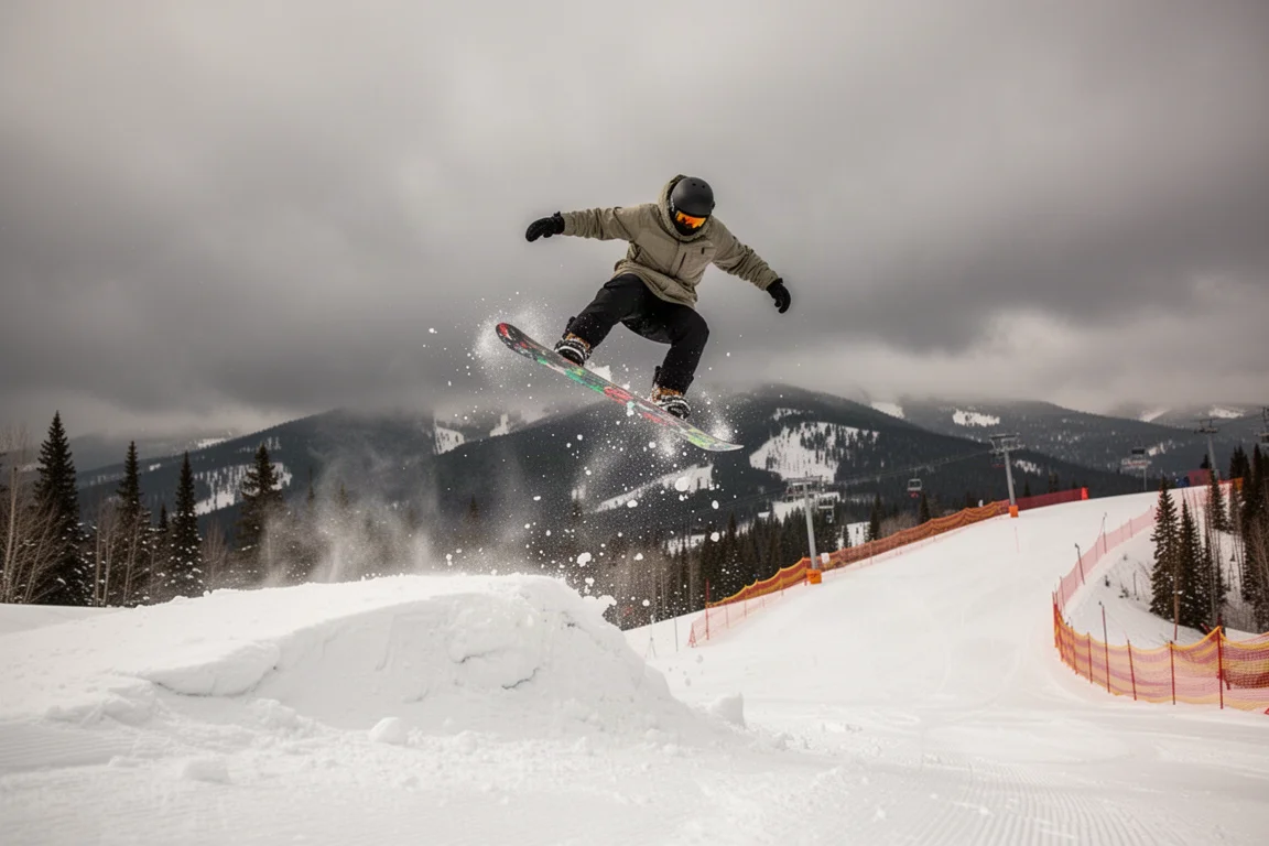 Snowboarder springt von einem kleinen Side Hit an einem Berghang ab