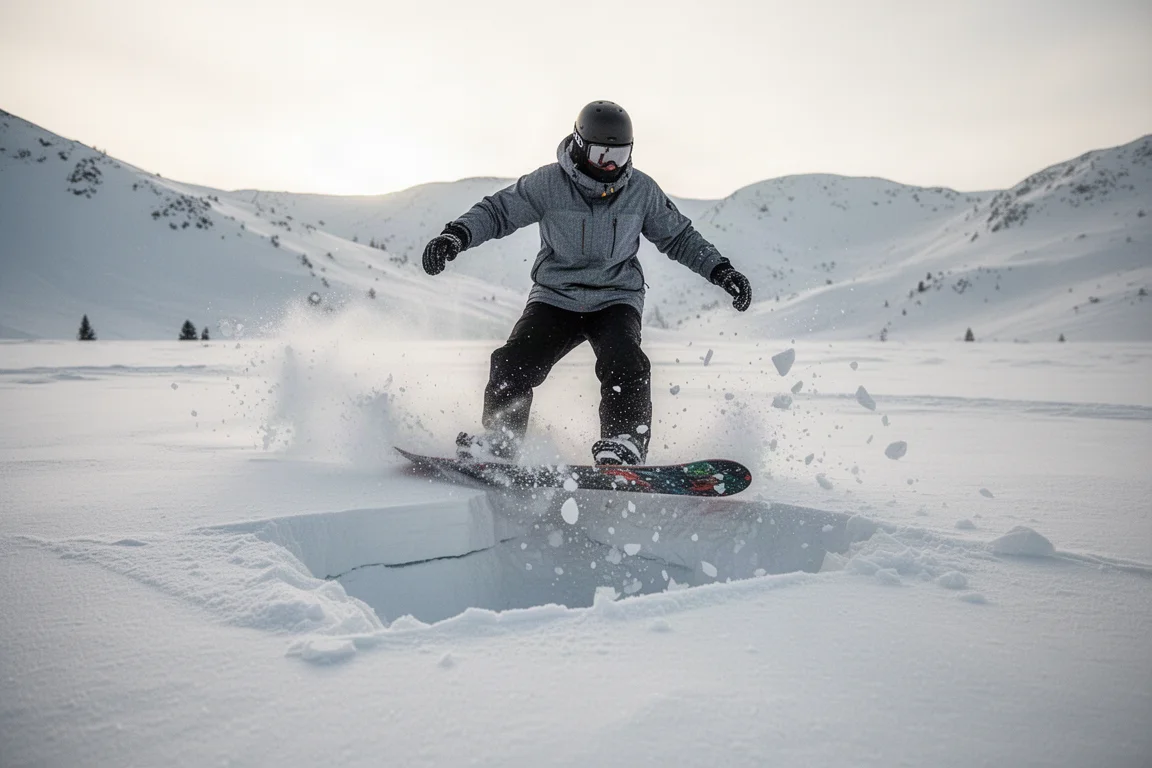 滑雪板骑手在开阔粉雪场上冲破一片雪壳地带