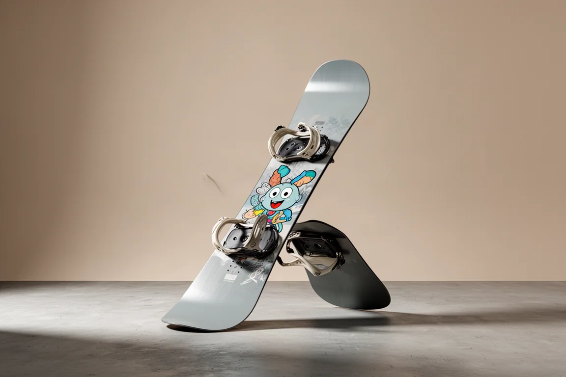 Volume-shifted powder snowboard standing on concrete with rocker nose lifted