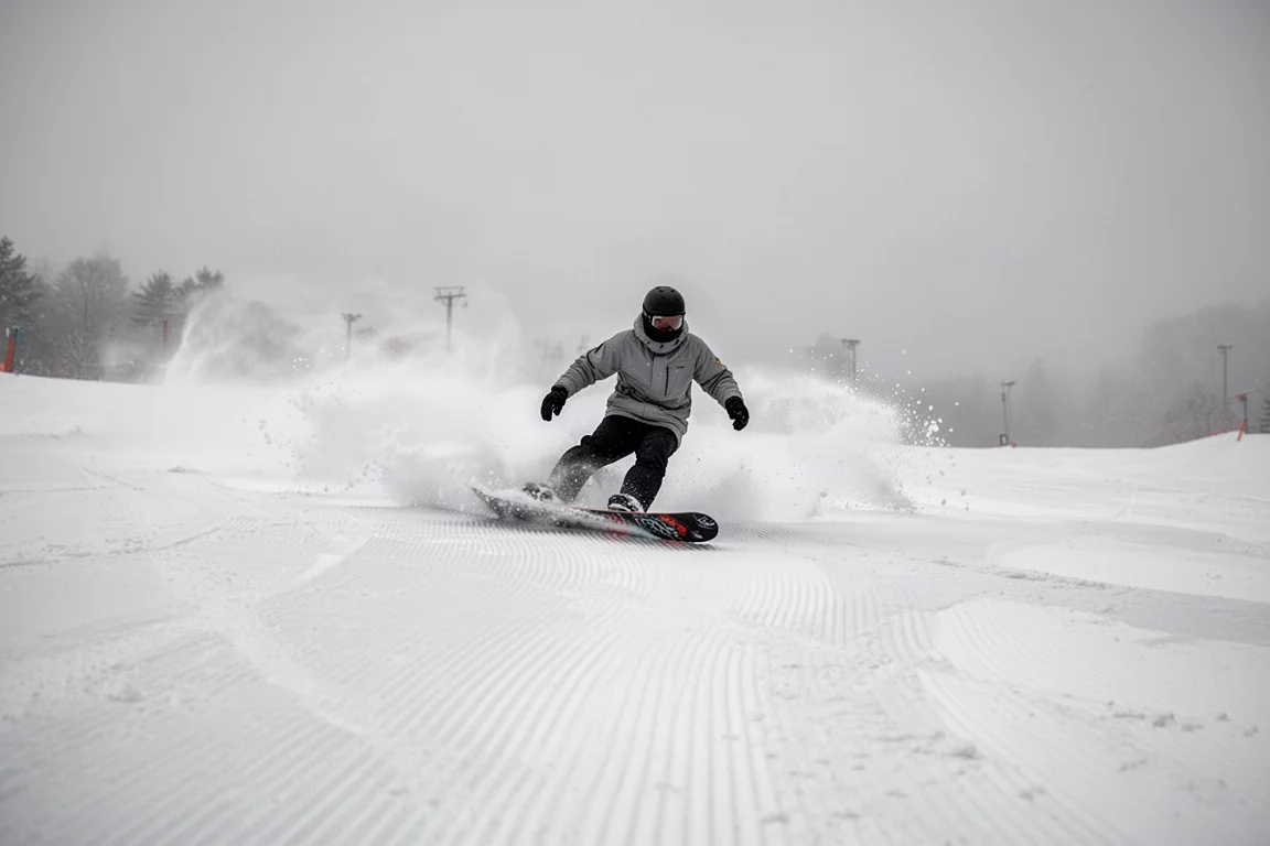 Snowboarder auf frischer Bügel-Piste unter bedecktem Himmel