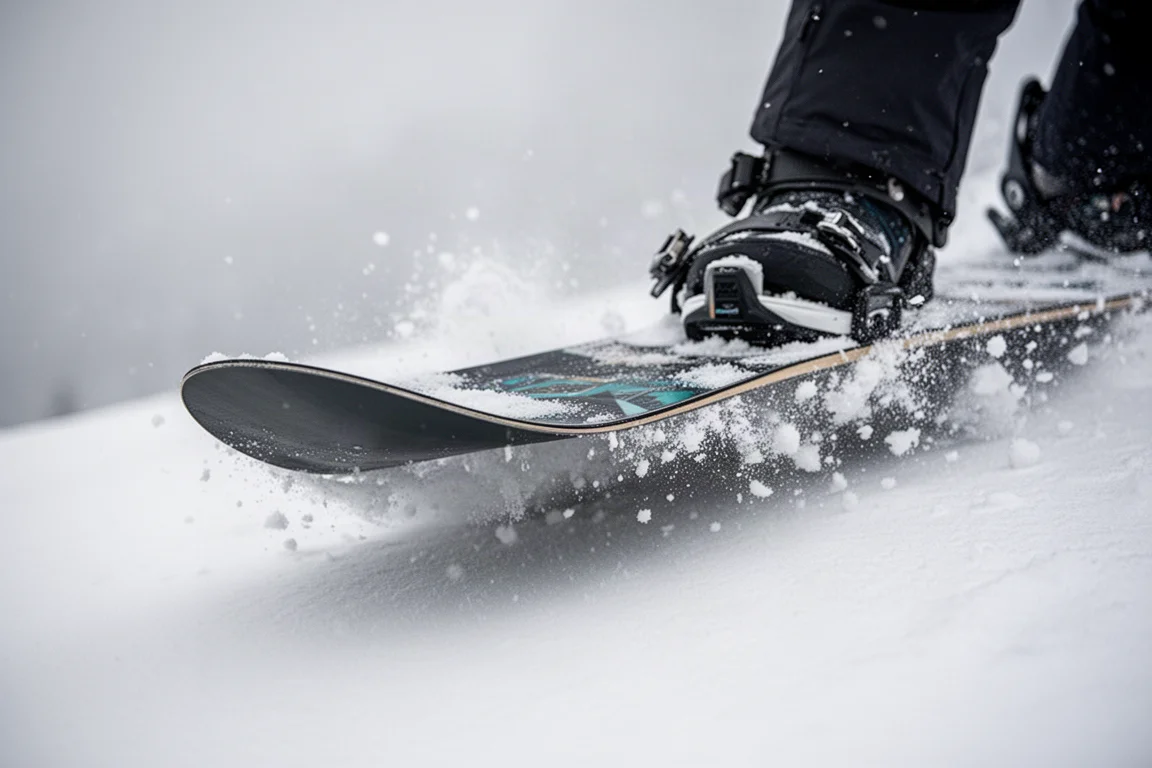 Nahaufnahme eines Snowboard-Tails, das beim Buttern in Pulverschnee gedrückt wird