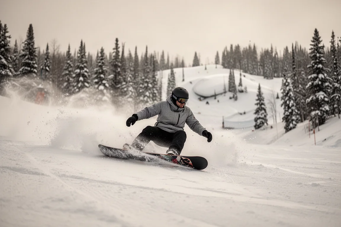 Snowboarder zieht einen tiefen Carve über die Piste zwischen Powder-Stashes