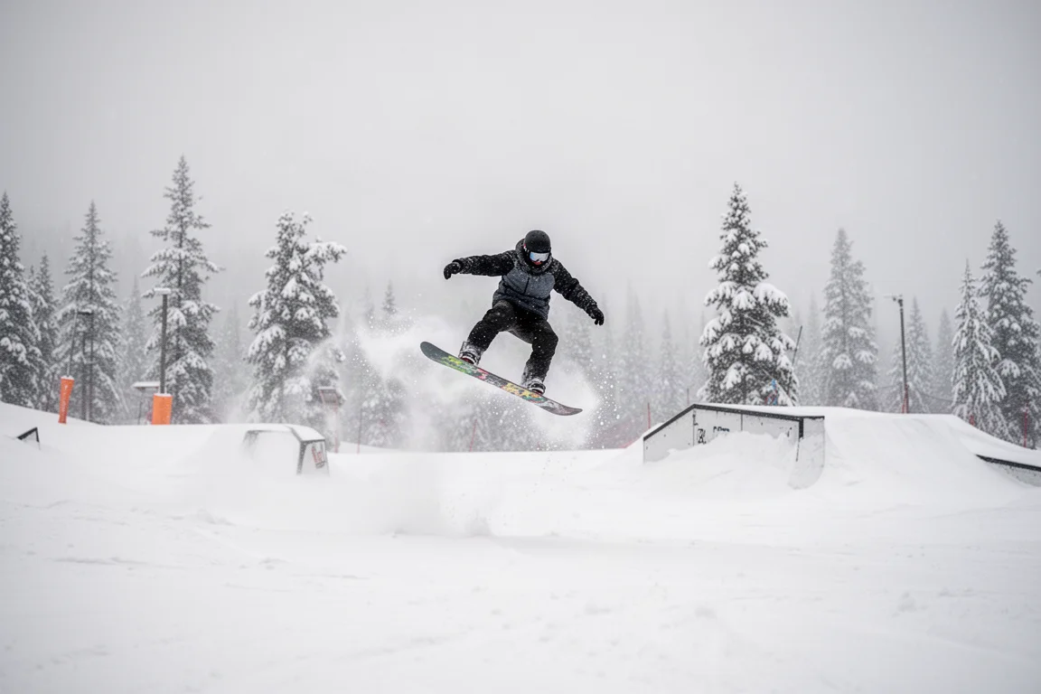 Snowboarder fährt durch frischen Powder in einem leeren Terrainpark