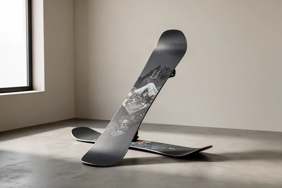 Snowboard freeride Amplid Psychonaut appoggiato su un pavimento di cemento