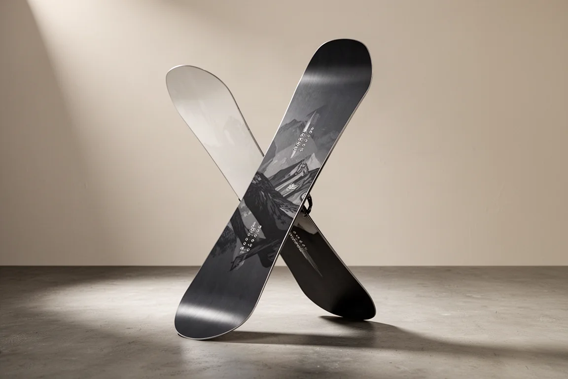 Snowboard all-mountain direzionale Amplid Singular in piedi su uno sfondo grigio