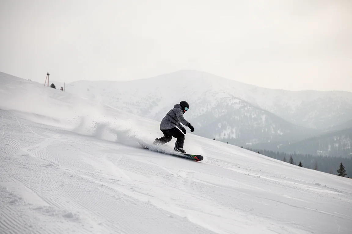 Snowboarder carvt auf glattem präpariertem Schnee bei diffusem Licht