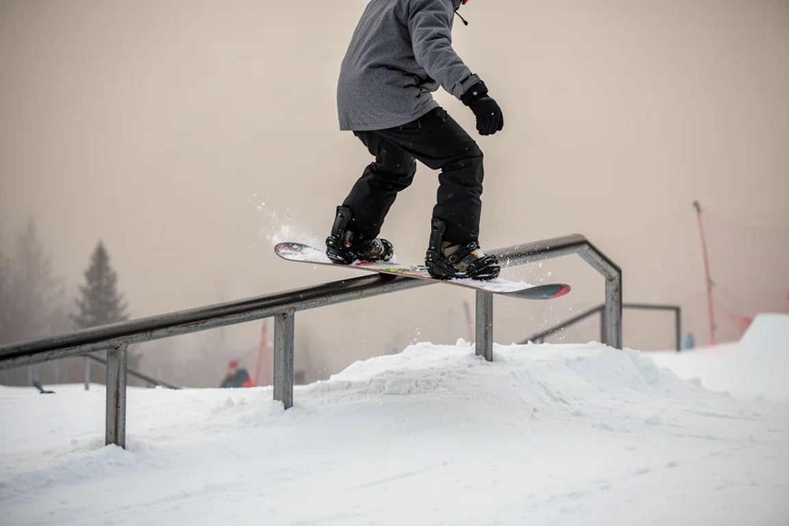 Snowboarder slidet eine Rail im Terrainpark