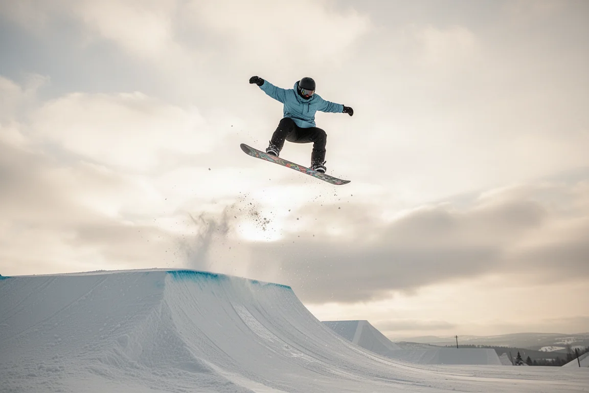 Snowboarder springt vor klarem Himmel von einem Kickerr