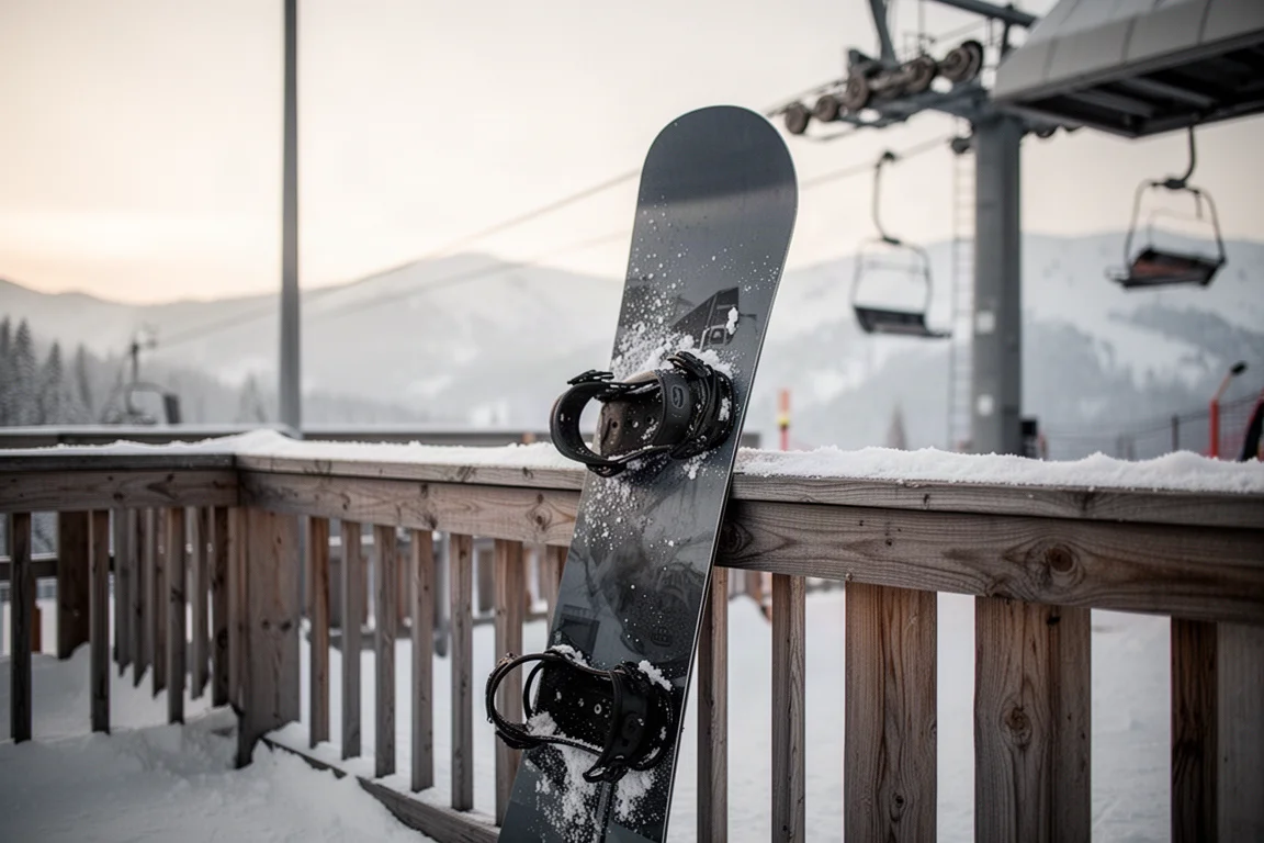 Snowboard lehnt nach einem Ride-Tag an einer Liftstation