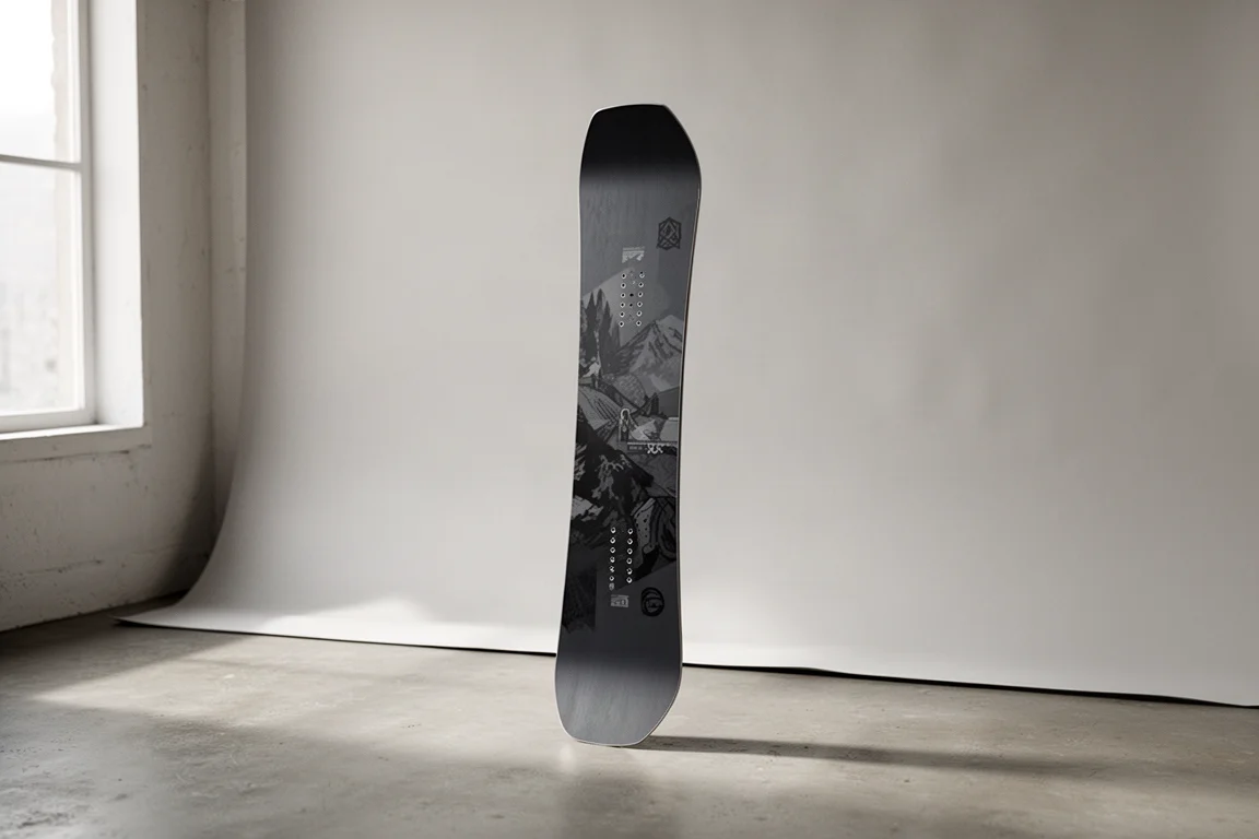 Tavola da snowboard Amplid Singular Twin in piedi su uno sfondo grigio da studio
