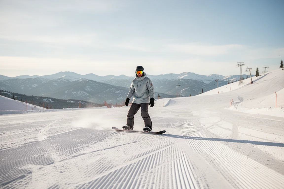 Snowboarder cruist über eine präparierte Corduroy-Piste an einem sonnigen Bluebird-Tag