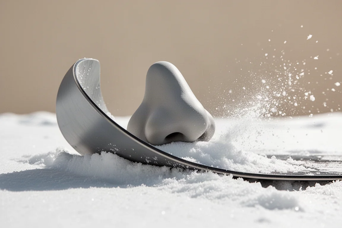 Nahaufnahme der Nose eines Snowboards mit 3D-Shaping, die in weichen Schnee drückt