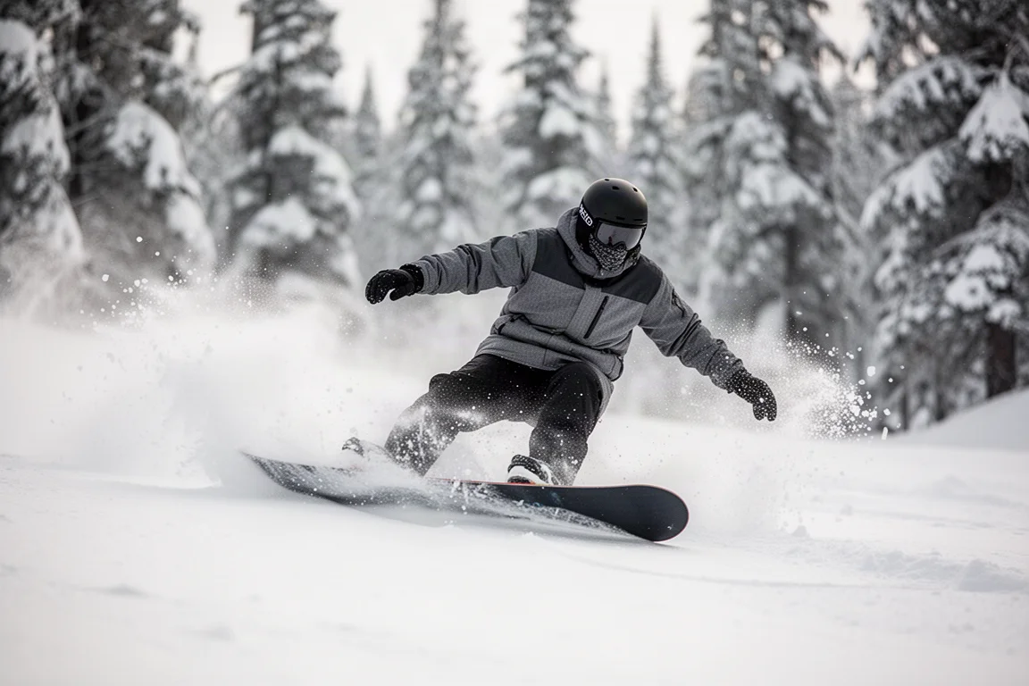 Snowboarder zieht eine tiefe Carve in festen Pisterschnee mit Schneefahne