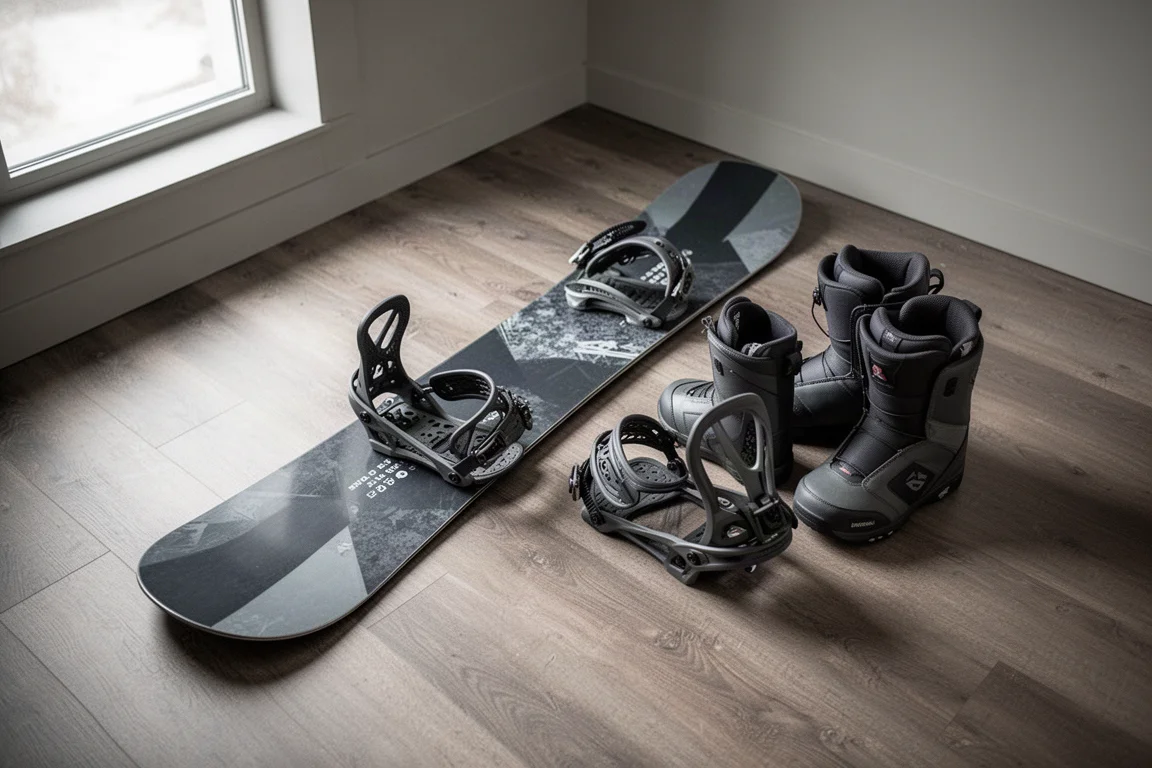 Bindings und Boots neben einem Snowboard in einer Werkstatt