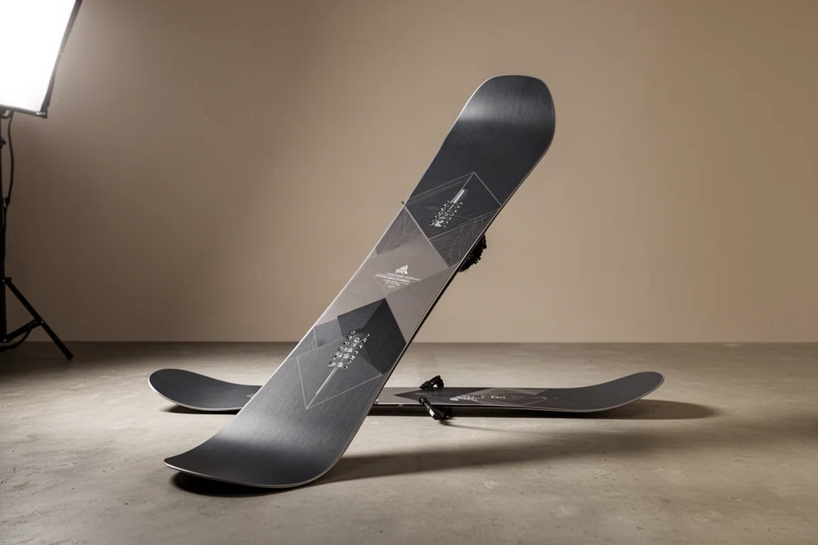 Snowboard direzionale Amplid Sole Grail appoggiato su un pavimento di cemento