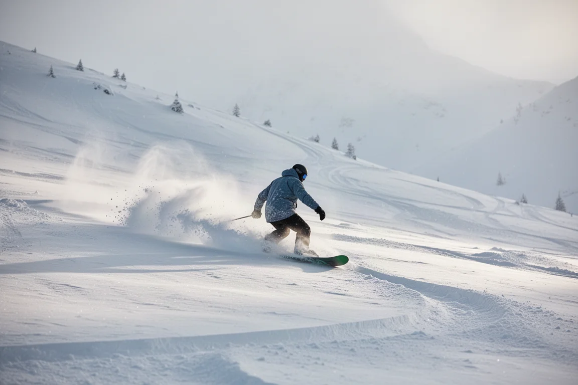 Snowboardåkare öppnar djupa pulversvängar på ett brett öppet alpina brant