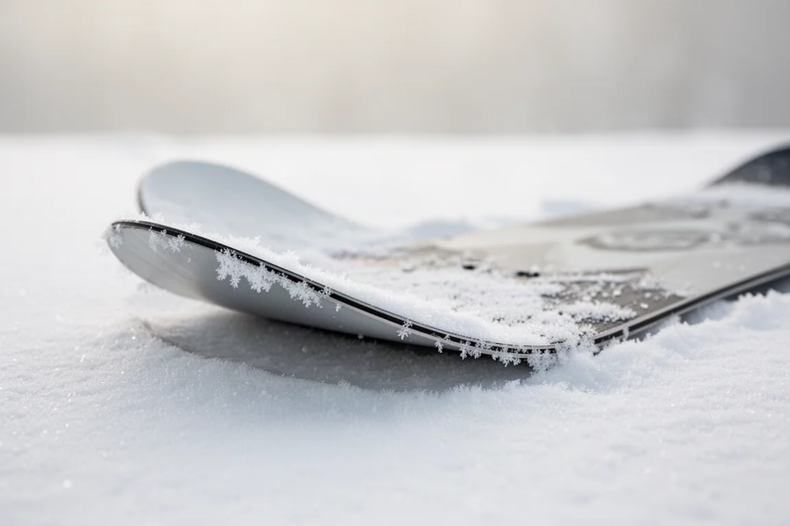Närbild av en snowboardnose med tredimensionell skål i pulversnö