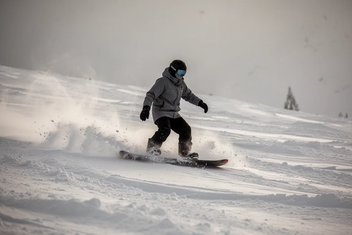 Snowboardåkare åker snabbt genom störtig, spårad snö med jämn kontroll