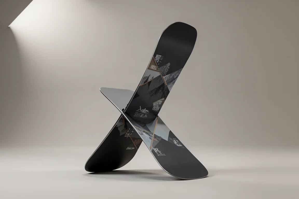 Snowboard freeride direzionale Amplid Soulmate in piedi su uno sfondo grigio