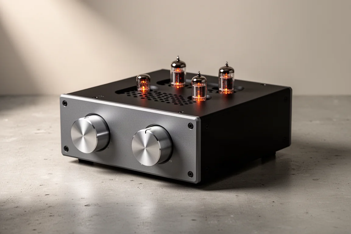 Compact gray and black tube preamplifier with aluminum knobs on a concrete surface