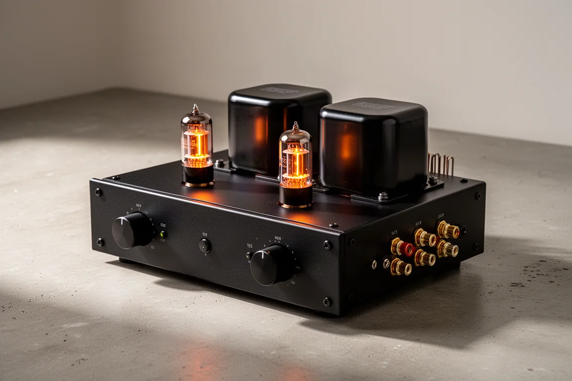 Compact black steel tube amplifier with glowing tubes on a matte concrete surface