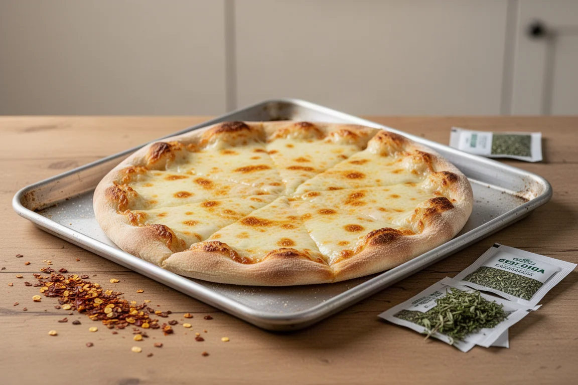 Pizza au fromage surgelée sortie du four sur une plaque de cuisson